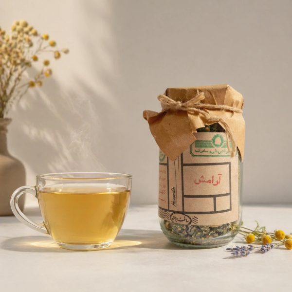 دمنوش گیاهی آرامبخش همنشین در بسته‌بندی شیشه‌ای ارگانیک.